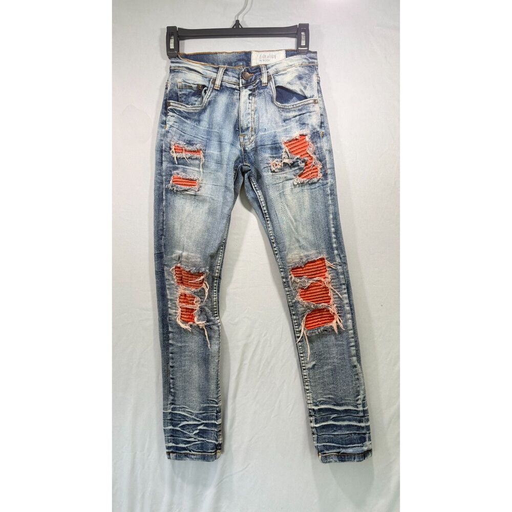 Evolution In Design Boys Jeans Size 14 Blue Used Distressed Orange Patch Ripped